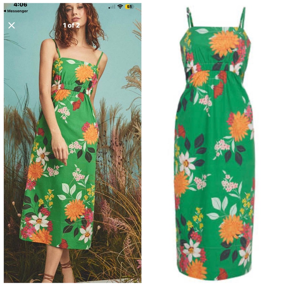 Cara Cara Midi Dress Womens S Green Floral Tropical Cutout Cotton Summer Poplin